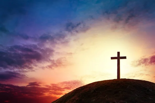 Silhouette Cross Calvary Mountain Sunset Background Easter Concept — Stock Photo, Image