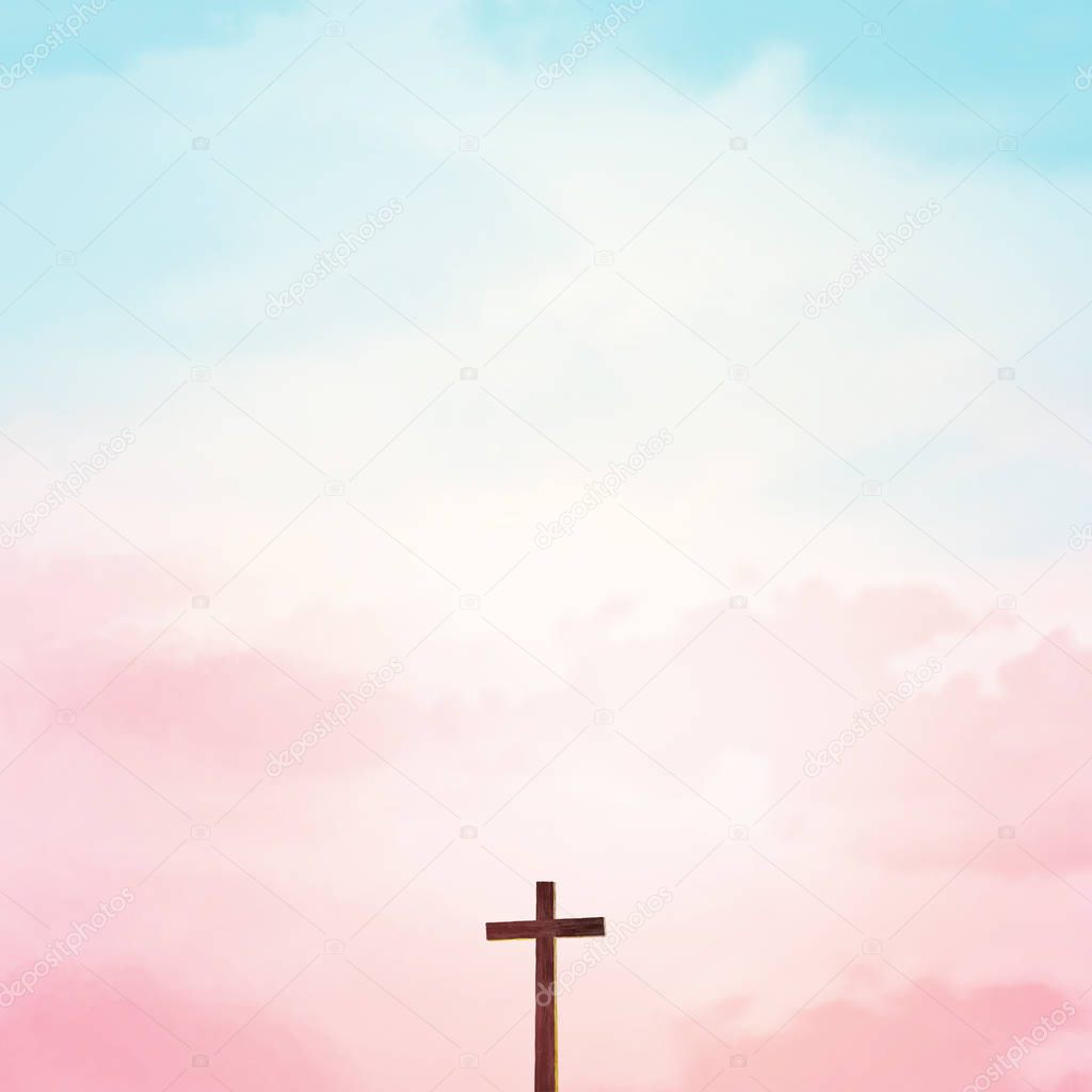 Wooden cross over abstract sky background. Christian concept