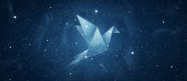 Origami kuş şeklin mavi gece gökyüzü arka plan üzerinde yıldızlarda