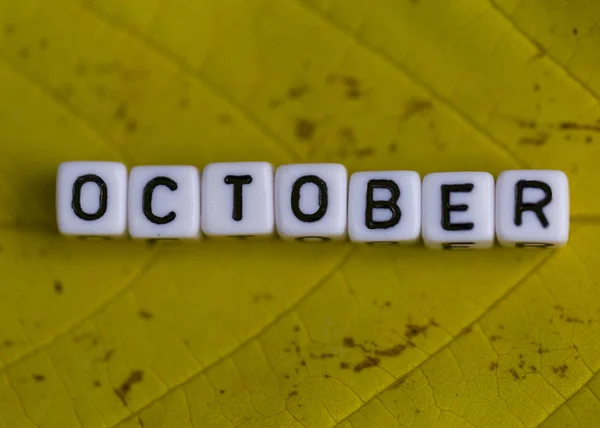 Die Inschrift Oktober Aus Weißen Würfeln Auf Einem Gelben Blatt — Stockfoto