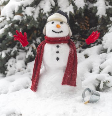 Ağacın yanındaki Noel giysileri ormandaki kardan adam