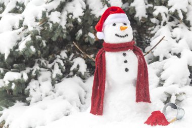 Ağacın yanındaki Noel giysileri ormandaki kardan adam