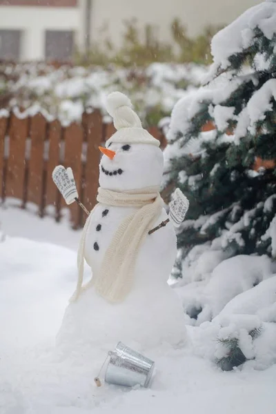Sneeuwpop Het Woud Kerst Kleding Naast Boom — Stockfoto