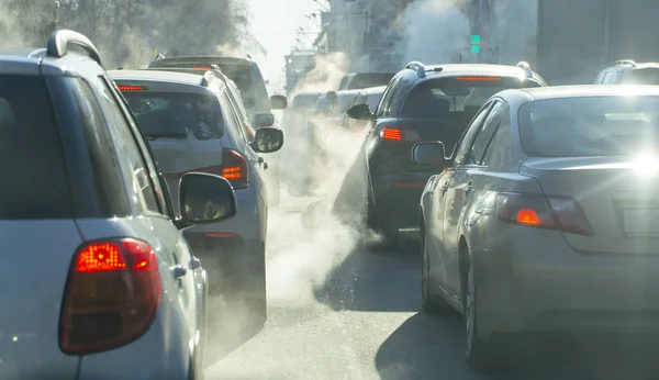 Pollution Exhaust Cars City Winter Smoke Cars Cold Winter Day — Stock Photo, Image