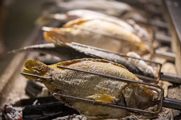 Peixe cozido em sal na grelha no mercado de alimentos noturnos em Tha — Fotografia de Stock