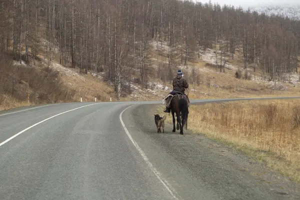 Homme montant un cheval le long de la route au début du printemps dans l'Altaï — Photo
