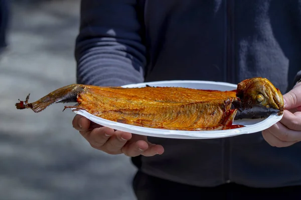 Truta fumada, peixe fumado em um prato — Fotografia de Stock