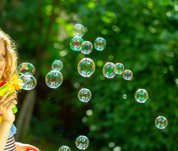 Bubble Little Girl Blowing Bubbles Summer Garden — Stock Photo, Image