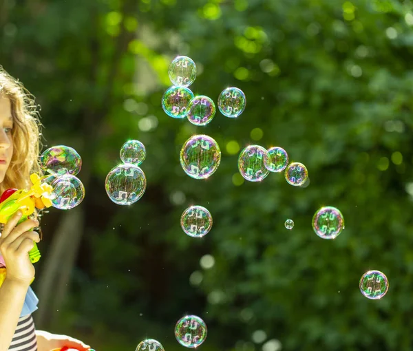 Bubble Little Girl Blowing Bubbles Summer Garden — Stock Photo, Image