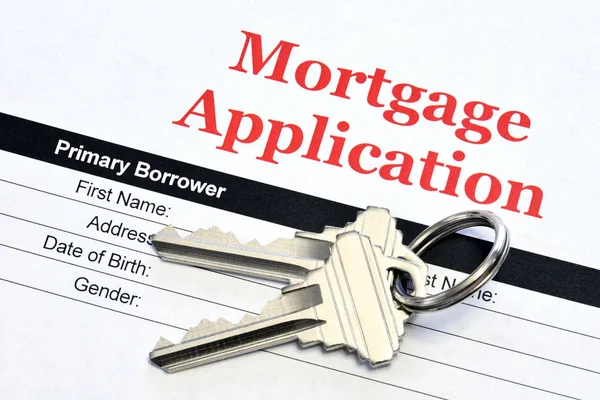 Nieruchomości Hipotecznych Aplikacji Pożyczki Dokumentu Domu Klucze — Zdjęcie stockowe