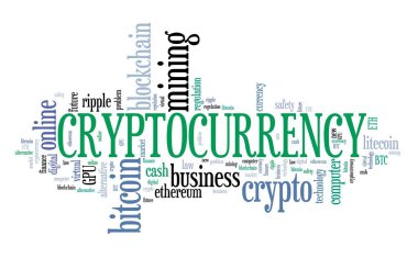 Cryptocurrency - dijital sanal para kavramları. Kelime bulutu işareti.