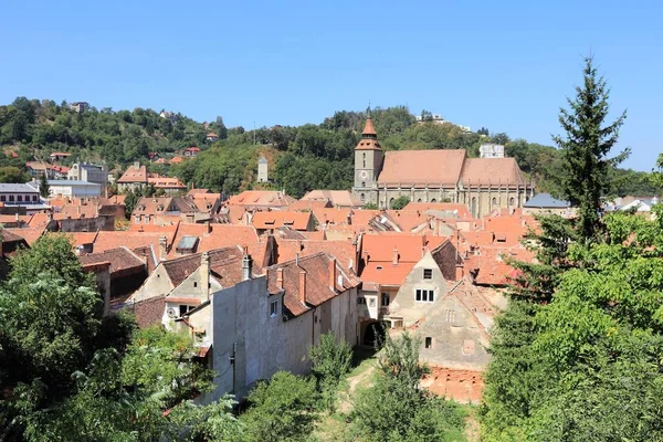 Roemenië Brasov Skyline Oude Stad Transsylvanië Stadsbeeld Met Zwarte Kerk — Stockfoto