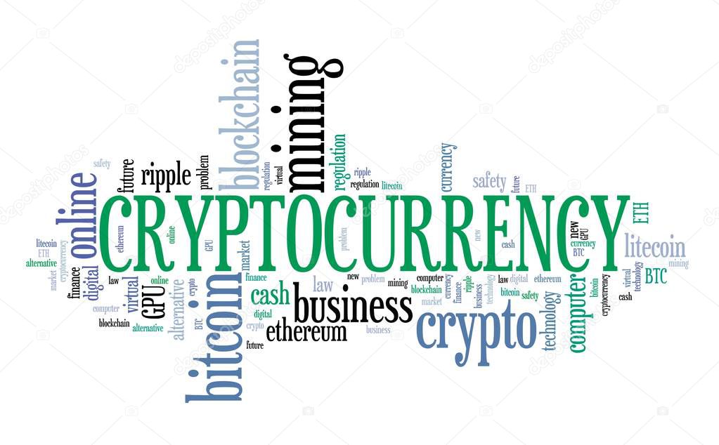 Cryptocurrency - digital virtual currencies concepts. Word cloud sign.