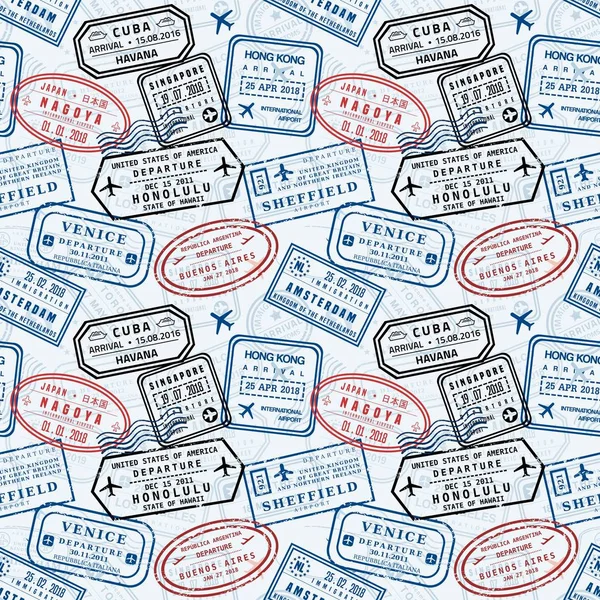 Pasaport pulları arka plan - seyahat damga sorunsuz doku (hayali pul vektör).