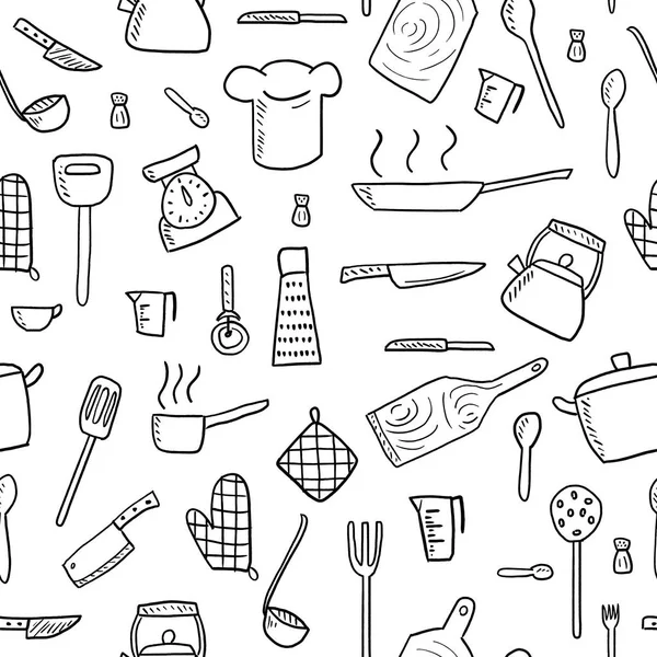 Ustensiles Cuisine Outils Cuisine Vecteur Doodle Fond Sans Couture — Image vectorielle