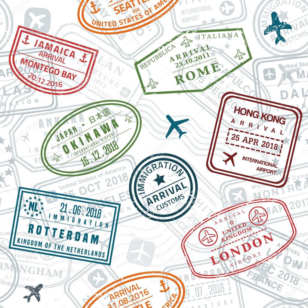 Wanderlust background. Passport stamps vector seamless pattern - travel stamp theme (fictitious stamps).