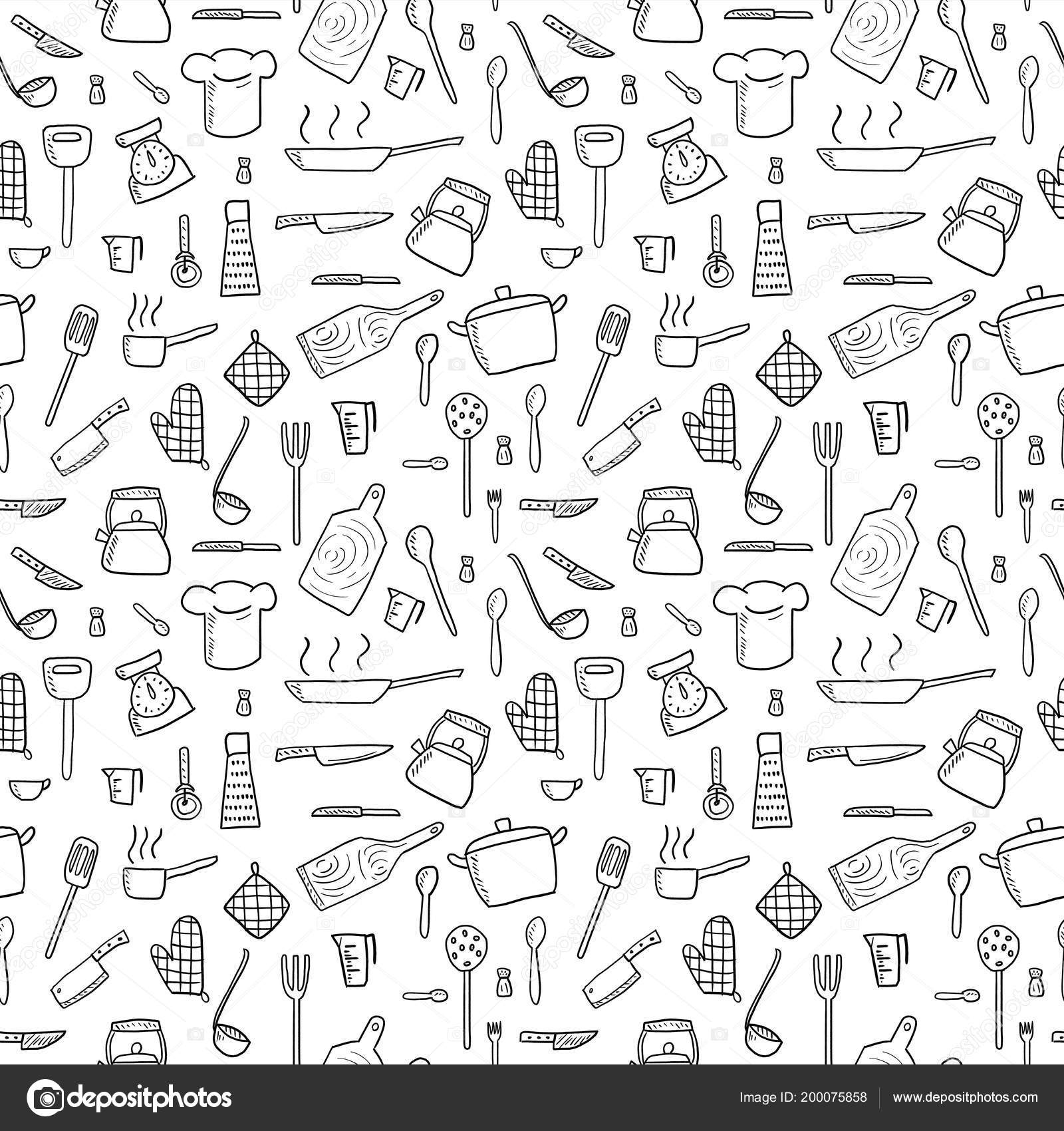 Kitchen pattern. Utensil, scandinavian cooking background. Kitchenware By  Microvector