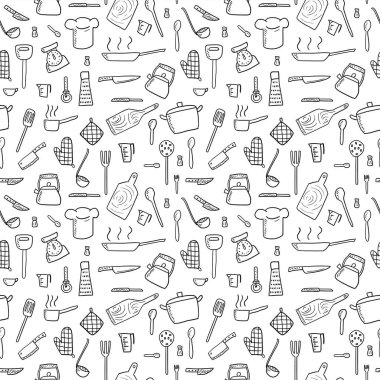 Pişirme aletleri ve mutfak araçları - el çizilmiş doodle vektör sorunsuz arka plan-.