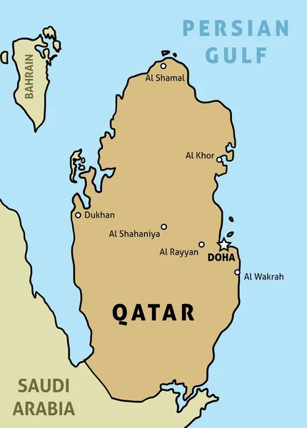 Mapa Qatar Delinear Ilustração Mapa País Com Principais Cidades — Vetor de Stock