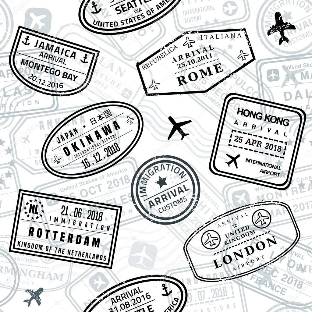 Passport stamps vector seamless pattern - travel stamp theme (fictitious stamps).