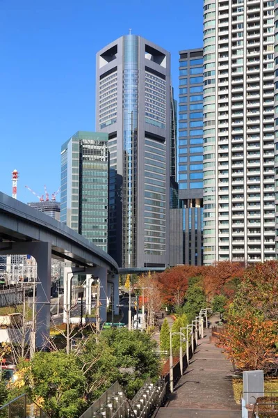 Shiodome Stadszicht Tokio Japan Hoge Gebouwen Elevated Railway Monorail — Stockfoto
