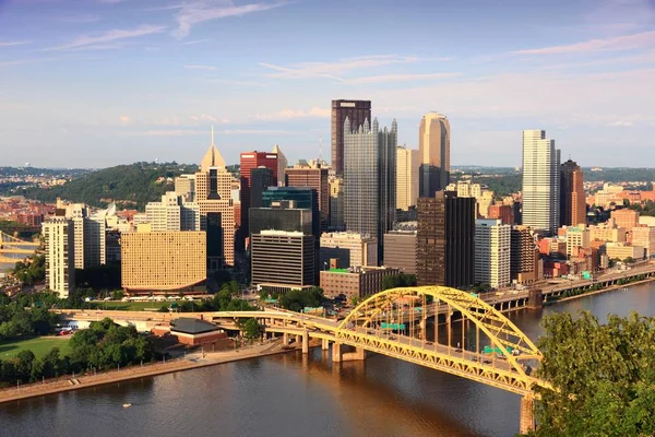 Skyline Van Stad Van Pittsburgh Zonsondergang Licht Monongahela River — Stockfoto