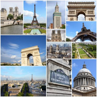 Paris fotoğraf kolaj - Fransa nın başkenti Simgesel Yapı Kartpostal koleksiyonu.