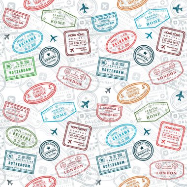 Pasaport pulları vektör seamless modeli - seyahat damga Tema (hayali pullar).