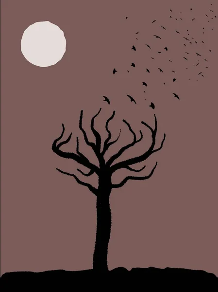 Spooky Tree Shape Birds Taking Full Moon Scary Place — Stock Vector