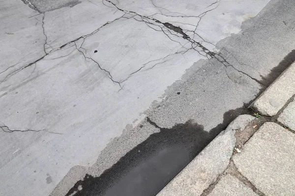 Damaged City Street Cracks Patches Blacktop — Stock Photo, Image