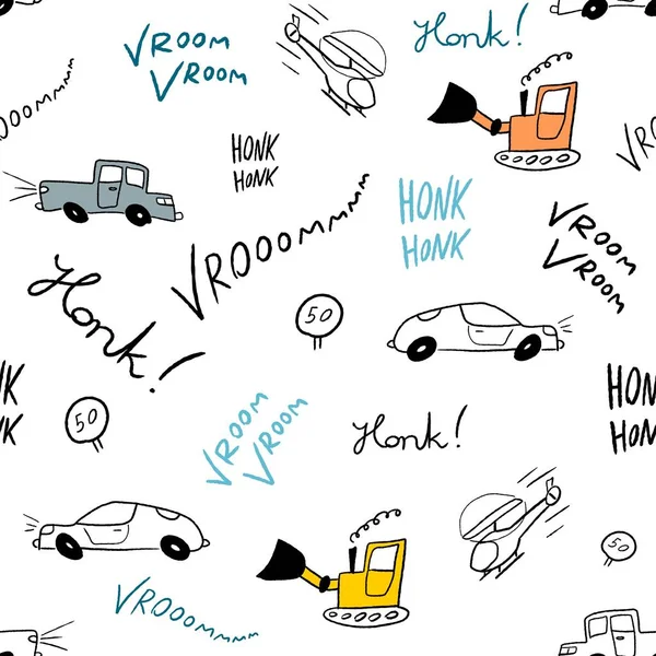 Children Bedsheets Vector Hand Drawn Cartoon Cars Helicopters Doodle Texture — Stock Vector
