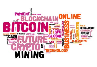 Bitcoin - dijital kripto para kavramları. Etiket bulut işareti.
