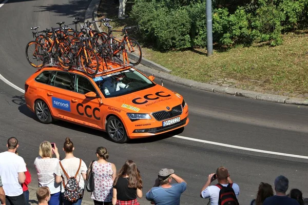 Bytom Πολωνία Ιουλίου 2016 Ομάδα Οχημάτων Οδηγεί Αγώνα Ποδήλατο Tour — Φωτογραφία Αρχείου