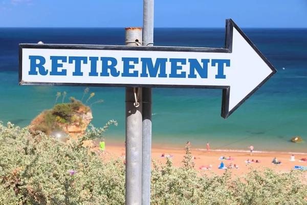 Concepto Jubilación Palabra Inglés Texto Signo Playa — Foto de Stock