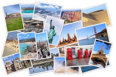 Dünya yerlerinden kolaj - Amerika Birleşik Devletleri, Fransa, İngiltere, İspanya, Brezilya, Yeni Zelanda, Japonya, Tayland ve Kamboçya fotoğraf yığını.