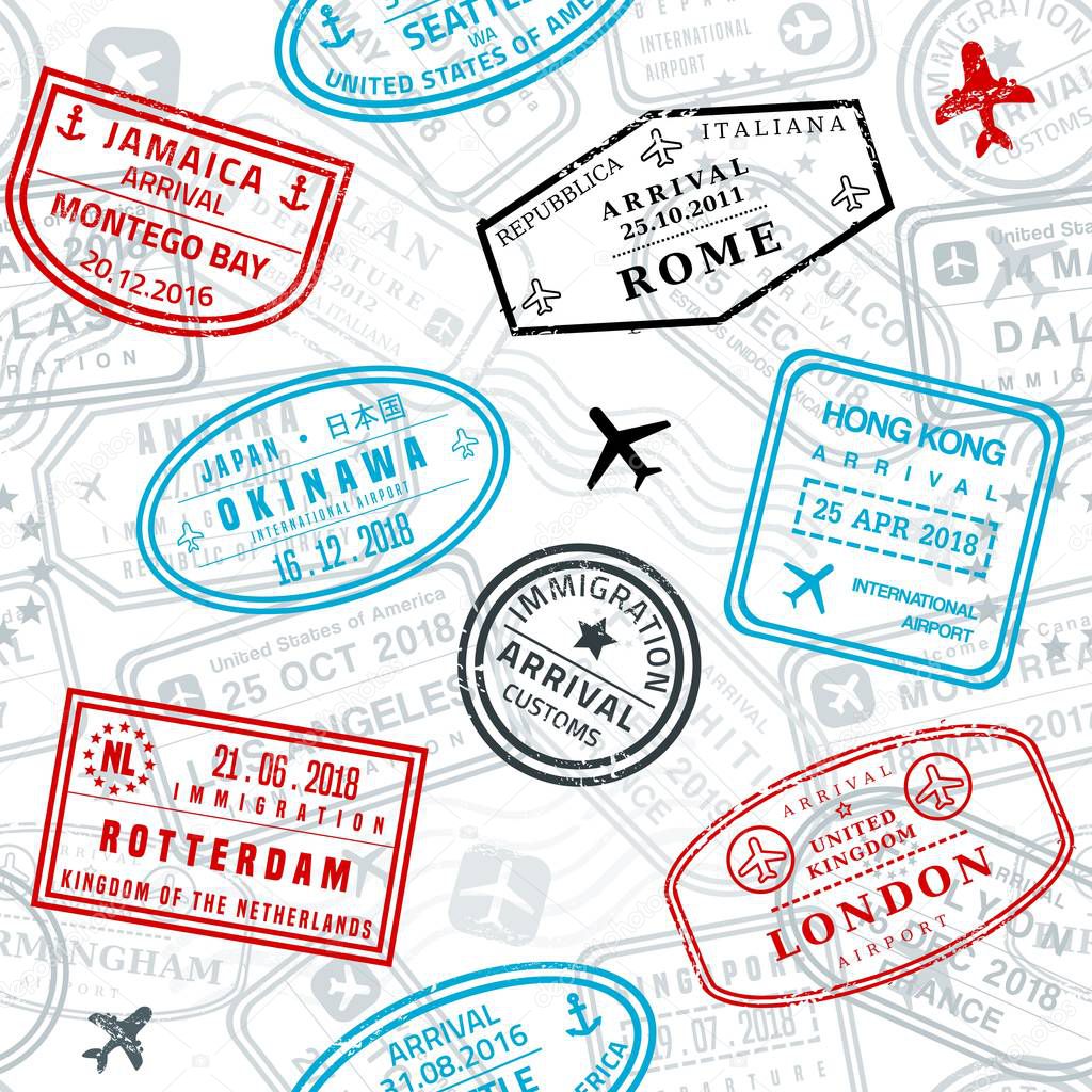 Seamless passport stamps vector background - travel stamp texture (fictitious stamps).