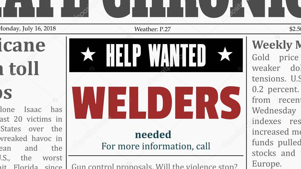 Welders job offer. Newspaper classified ad in fake generic newspaper.