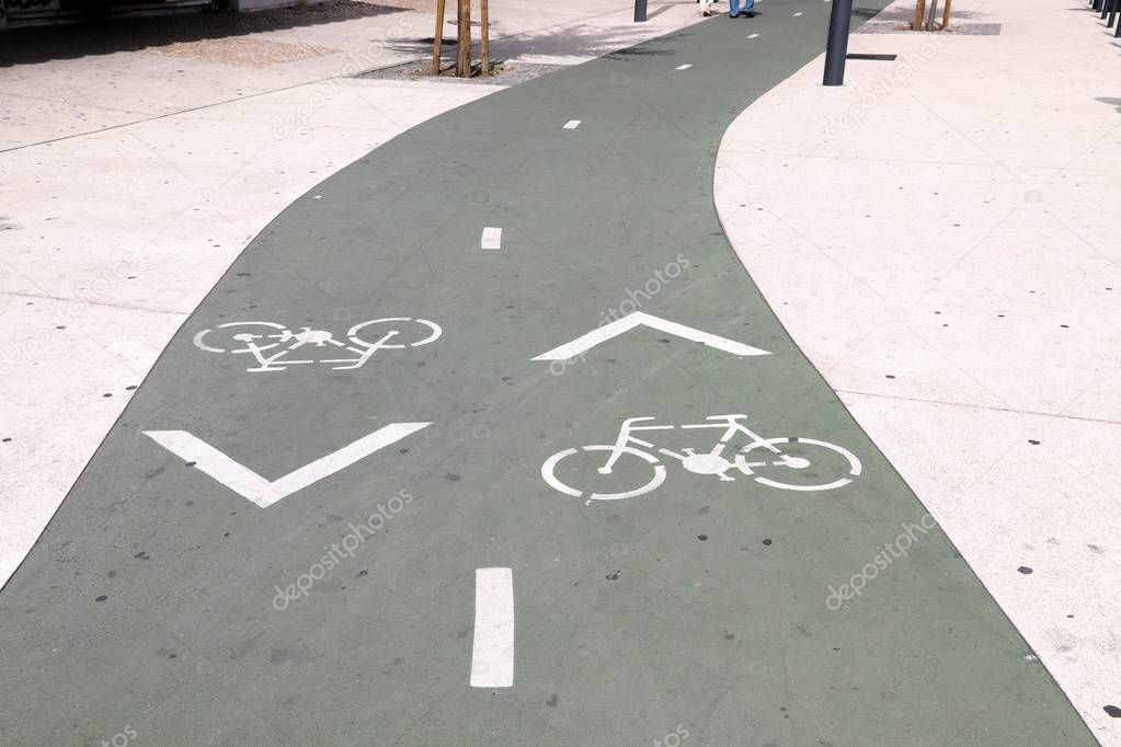Bicycle path in Lisbon - cycling infrastructure of Portugal.