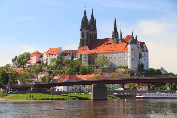 Meissen Oude Stad Duitsland Vrijstaat Saksen Kasteel Albrechtsburg Gezien Rivier — Stockfoto