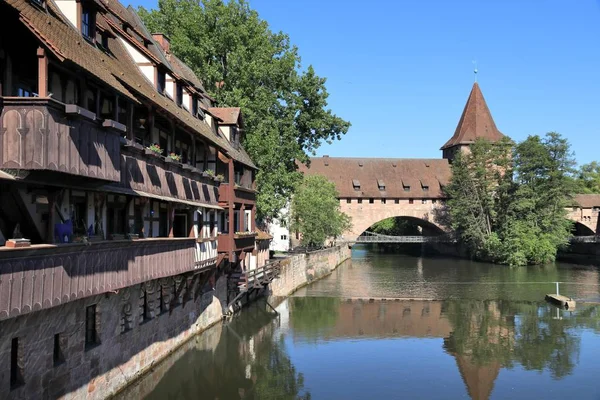 Nuremberg City Germany Schlayerturm Medieval Tower Kettensteg Chain Bridge River — Stock Photo, Image