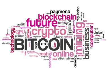 Bitcoin - dijital kripto para kavramları. Kelime bulutu işareti.