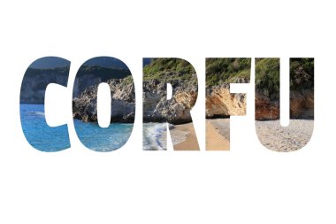 Arka plan seyahat kartpostal fotoğrafı adıyla Corfu işareti - Yunan Adası.