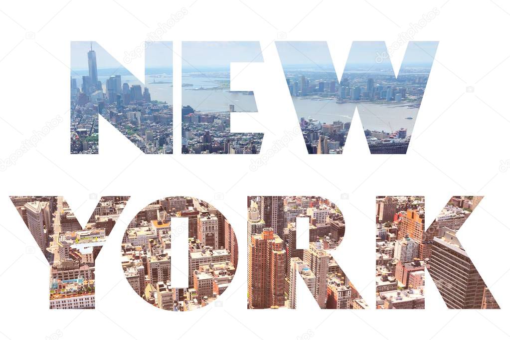 New York sign - city name with background travel postcard image.