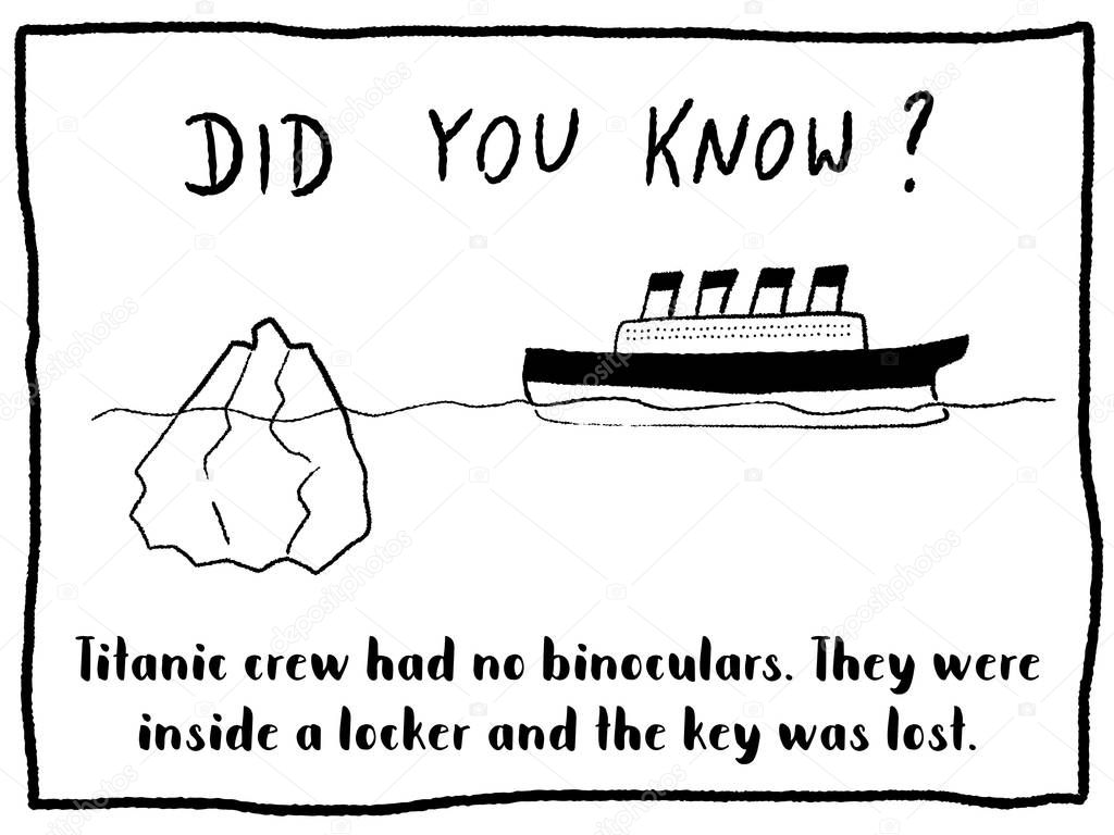 Trivia fact series - fun cartoon doodle newspaper comic strip concept. Titanic ship facts.
