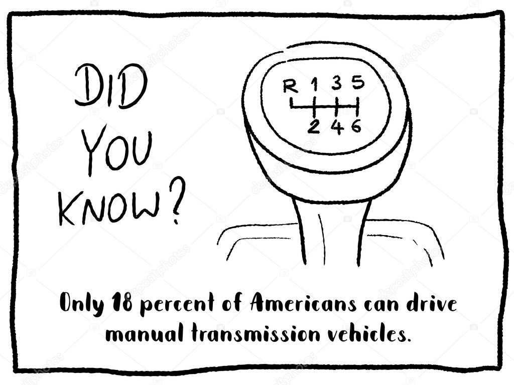 Trivia fact series - fun cartoon doodle newspaper comic strip concept. Manual transmission driving.