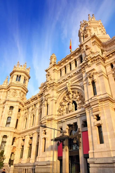 Madrid Stadshus Landmärke Spanien Solnedgång Ljusvy — Stockfoto