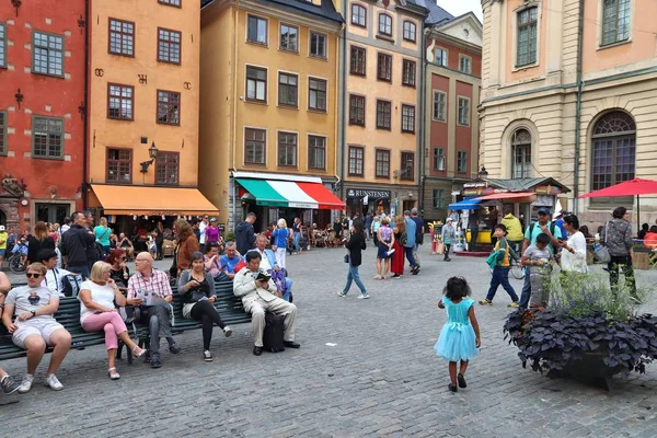 Stockholm Schweden August 2018 Man Besucht Den Stortorget Platz Gamla — Stockfoto