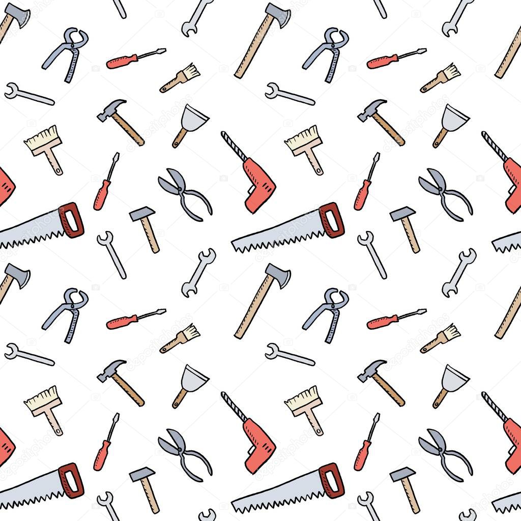 Cartoon tools background - seamless vector texture with hardware, woodworking tools and DIY utensils.