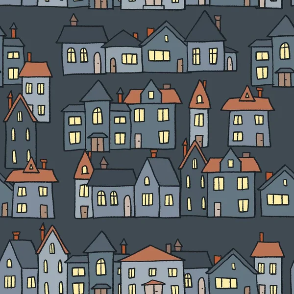 Vektor Nahtlose Stadt Nachtlichter Textilmuster Illustration — Stockvektor