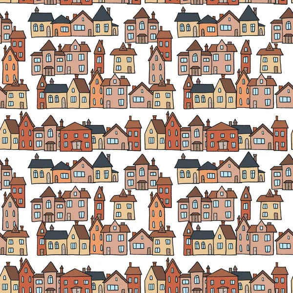 Kleine Stadthäuser Vektor Illustration Nahtlose Muster — Stockvektor